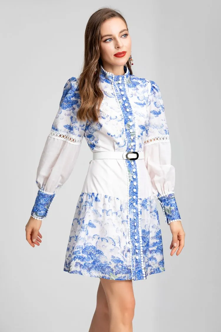 Women`s Runway Dresses Stand Collar Long Sleeves Floral Printed Hollow Out Fashion Casual Short Dress Vestidos