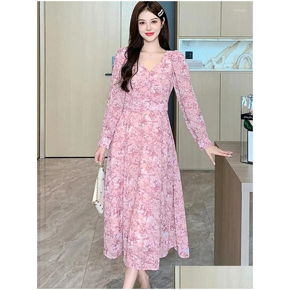 Casual Dresses Women Pink Floral Chiffon Beach Long Dress Autumn Sleeve V-Neck Elegant Prom Clothes 2024 Korean Bodycon Party