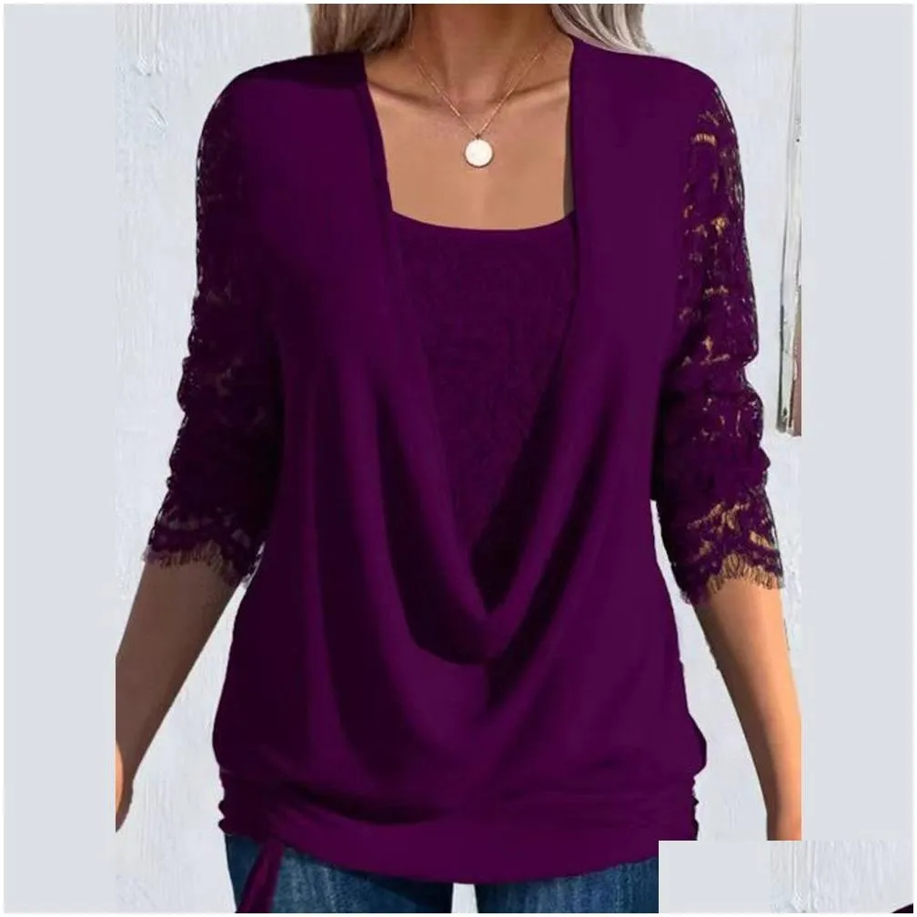 womens Spring Lg Sleeve V-Neck Solid Knit Tops Elegant Ladies Tunic T-Shirt Pullover For High Quality Clothing L-3XL Plus Size S0NB#