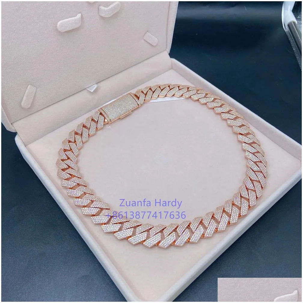 Real Rose Gold Plated Hip Hop Bling Jewelry Cuban Chain Link Cuban Necklace Men Iced Out Cuban Link Moissanite Diamond Chain