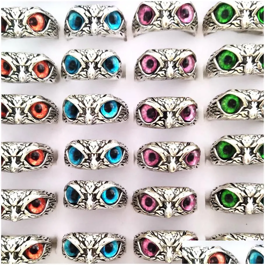 Band Rings 30Pcs/Lot New Retro Cute Men And Women Charm Punk Owl Ring Vintage Mti-Color Eyes Creative Jewelry Party Gift Drop Deliver Dh6Tb