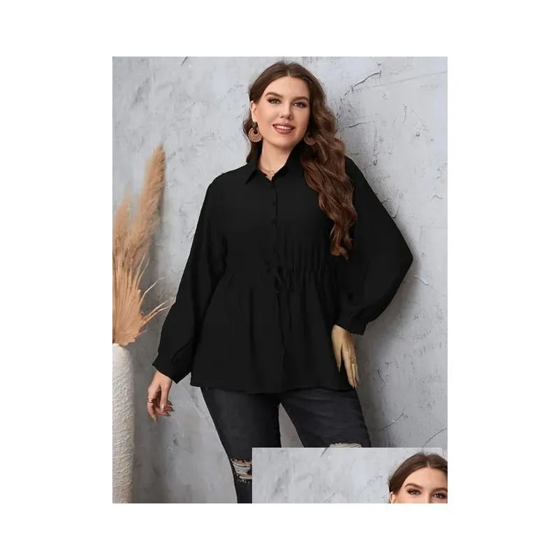 causal Shirt for Women Turn Down Collar Lg Sleeve Butt Up High Elastic Waist Tops 2023 Office Lady Plus Size Blouses o5If#