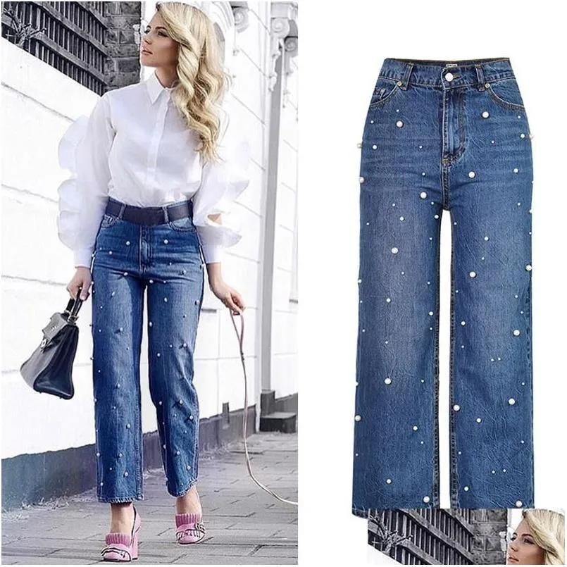 Women`s Jeans Women High Waist Pearl Beading Wide Leg Straight Denim Pants Pantalon FemmeWomen`s