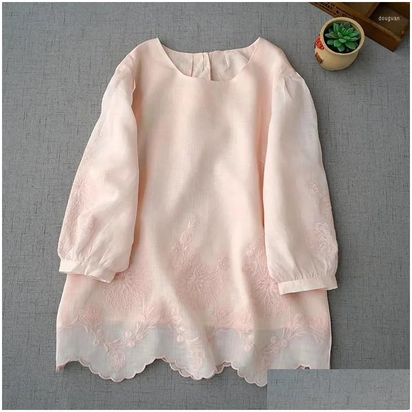 Women`s Blouses Summer Small  Women`s Clothing Ramie Embroidery Round Neck Pullover Top Gentle 0203