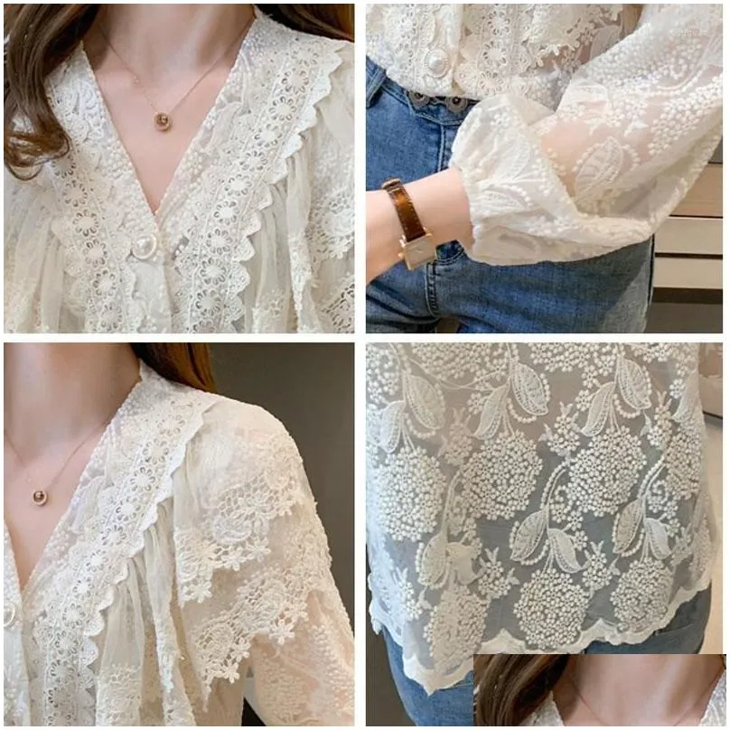 Women`s Blouses Autumn 2022 Fashion Blusas Elegantes Female V-neck Long-sleeved Lace Hook Hollow Shirts Beading Flare Sleeve Drop 1133