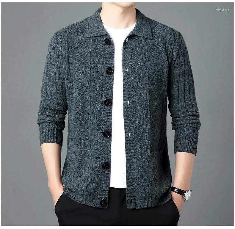 Men`s Sweaters Thick Sheep Wool Turn Down Collar Coat Casual Argyle Sweater Cardigan Single Breasted Pure Male Warm Knitwear