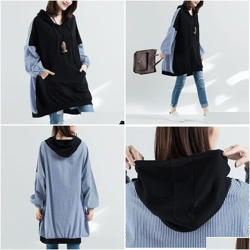 Johnature Spring Plus Stripe Splicing Hooded Collar Hoodies Casual Korean Women Clothes Pullover Long Sweatershirts 201203