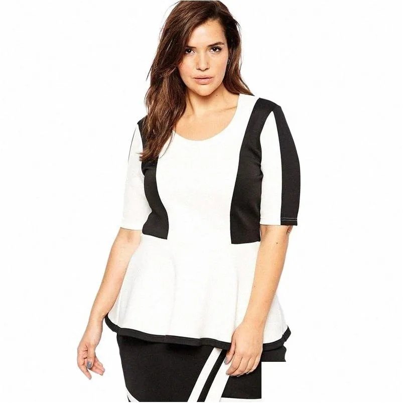 plus Size Summer Elegant Peplum Top Women Half Sleeve Black And White Ruffle Hem Blouse Female Large Size Office T-shirt 6XL 7XL A8RP#