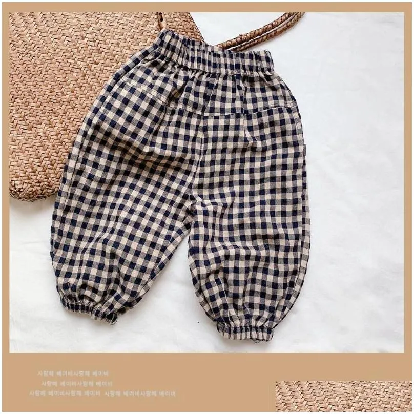 Trousers Girls` Spring Plaid Pants Style Children`s Loose Tight Korean Casual Cotton And Linen