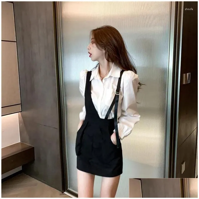 Work Dresses Women`s 2024 Spring Fashion White Shirt Black Suspender Skirt Suiwo Piece Sets Ladies Party