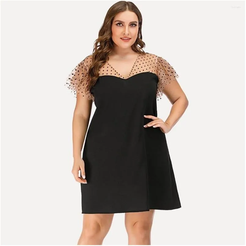 Plus Size Dresses Women Casual Dress Summer 2023 Sexy Hollow Out Evening Party Mesh Fashion Patchwork Short Sleeve Club Outfits