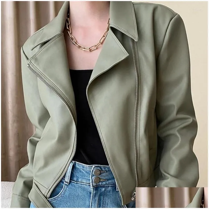 Women`s Leather Stand Collar Zipper Jackets Motorcycle PU Coats Women 2024 Autumn Street Long Sleeve Cropped Coat In Outerwears