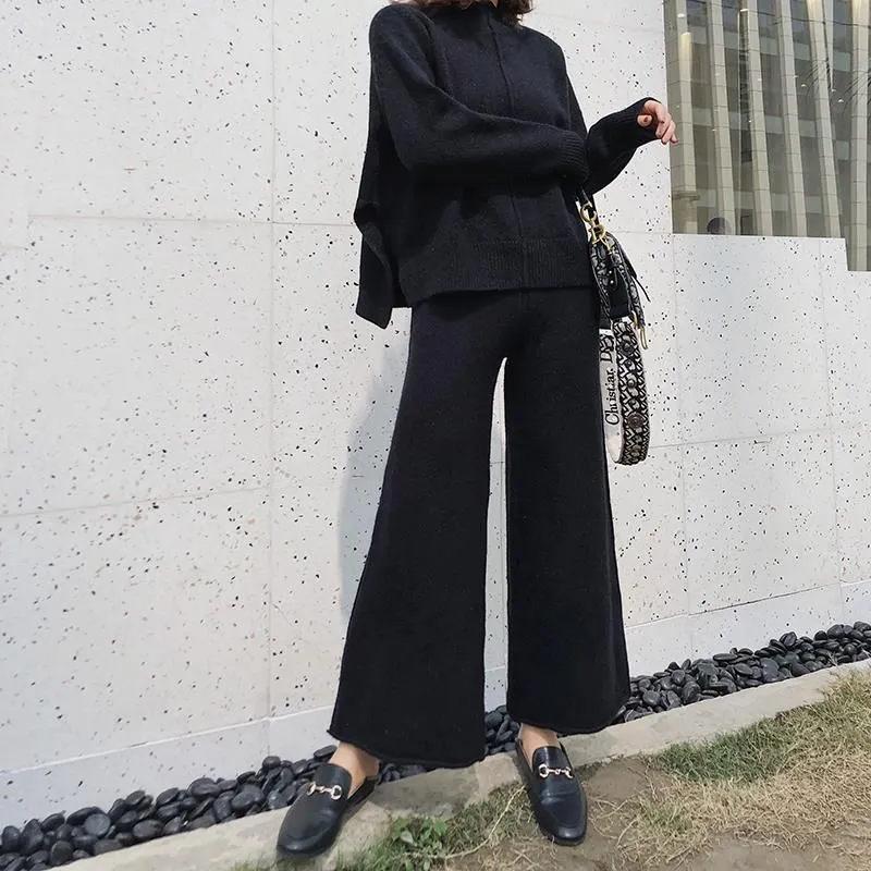 Two Piece Set Women Drape Knitting Sweater Half Turtleneck Pullovers Wide Leg Cashmere Wide-legged Pants Western Style Women`s