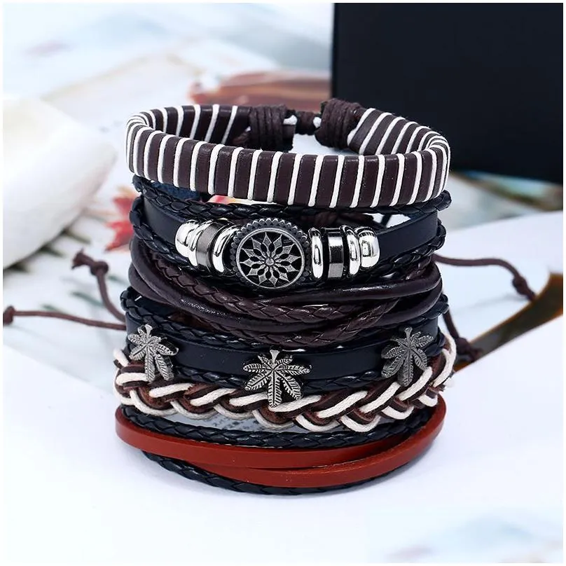 6 in 1 braided charm bracelets for men women diy fashion vintage jewelry multilayer genuine leather bangle waist bands leaf male