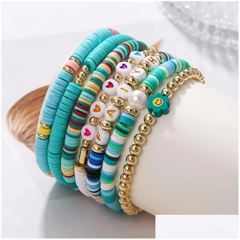 7pcs faith bracelets set surfer heishi beaded strands love heart charm soft clay stackable boho wristbands women summer beach friendship jewelry