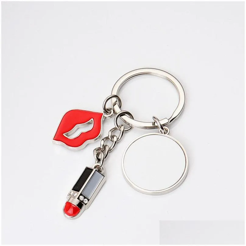 Keychains Lanyards Sublimation Blank Diy Heart Round Red Lip Lipstick Alloy Sier Plated Pendants Designer Jewelry Lover Key Rings F Dhfex