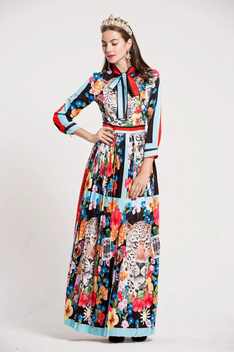 Women`s O Neck Long Sleeves Bow Detailing Floral Printed Striped Pleated Elegant Maxi Runway Dresses