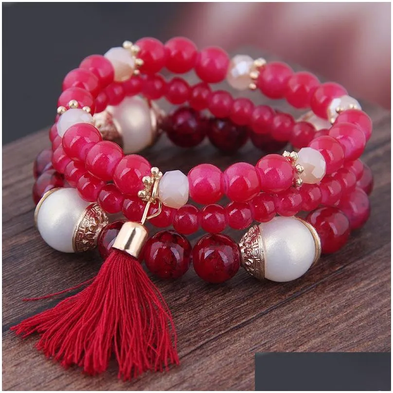 2019 Bohemian 3pcs Set Tassel Charm Pendant Beads Bracelets For Women Simulated Pearl Jewelry Womens Bracelet Set Boho273T