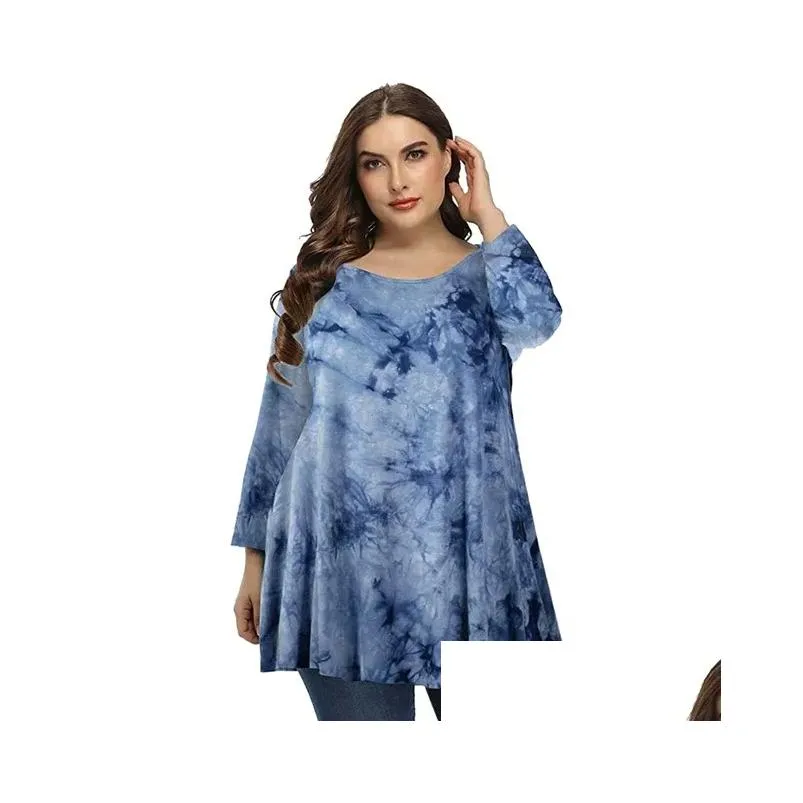 4xl 5XL Plus Size Tops Women 2021 Spring Autumn O Neck Lg Sleeve Tie Dye Print Retro Vintage Blouse Loose Big Size Lg Blouse J2B4#