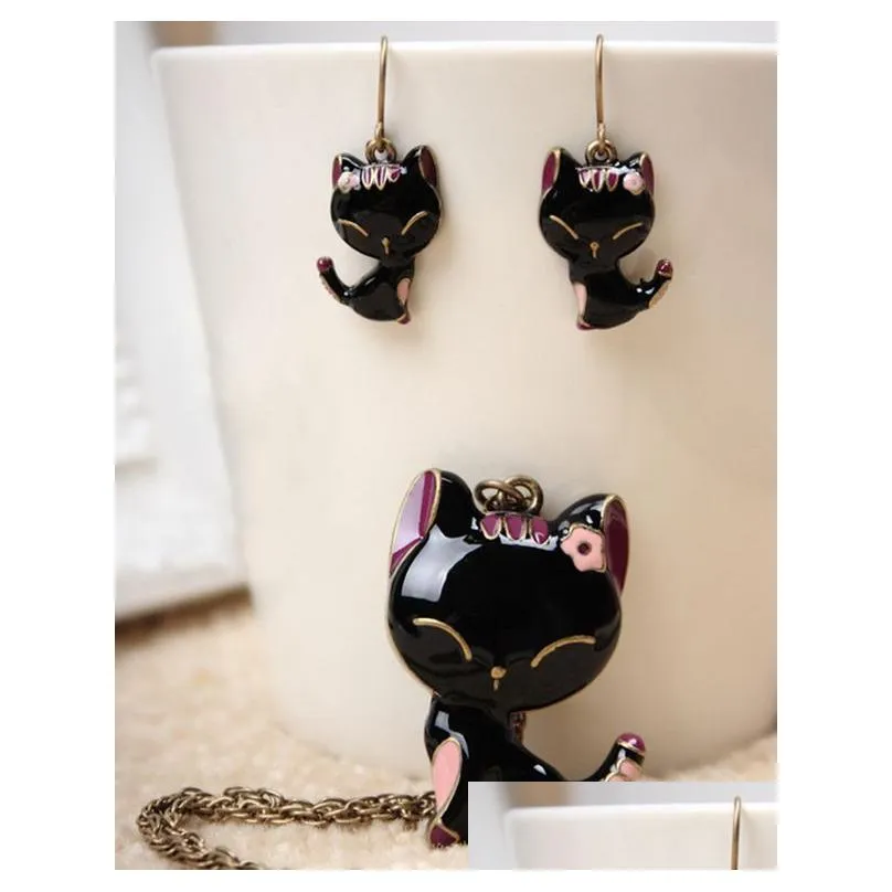 pretty cat pendant necklace enamel jewelry maxi statement necklaces for women girl animal gift long chain necklace