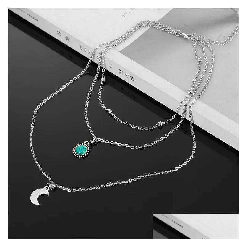 designed for cross-border jewelry loose stone moon three multi-layer necklace retro sweater chain inlaid diamond