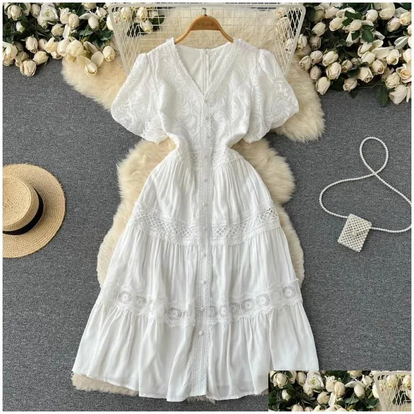 Casual Dresses Summer Dress For Women Sleeve V-neck Tunic Roe Femme Vintage Hollow Out A-line White 2024 Vestidos De Mujer