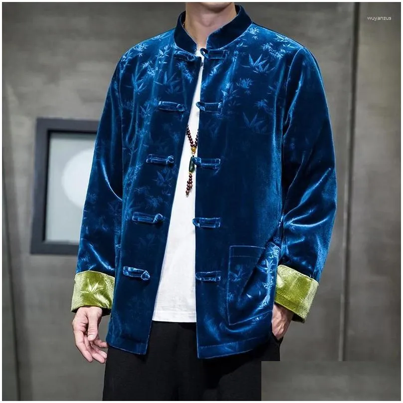 Ethnic Clothing Chinese Style Retro Tang Suit Men`s Velvet Jacket Men Traditional Dial Buckle Party Ceremony Hanfu Printed Top