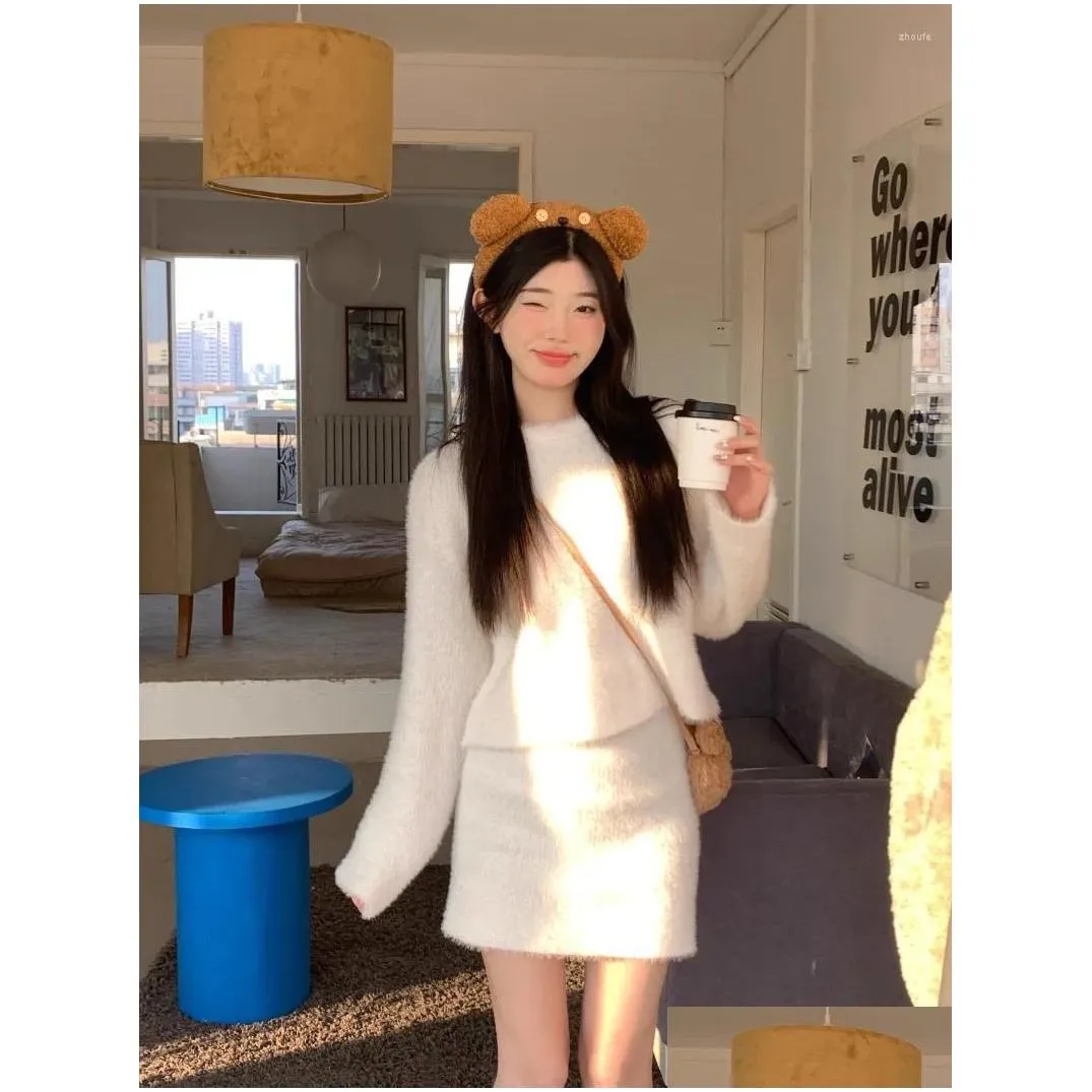Work Dresses Sweet Girl Suit Women`s Winter Long-sleeved O-neck Short Furry Sweater Hip Wrap Skirt Two-piece Set Female Clothes