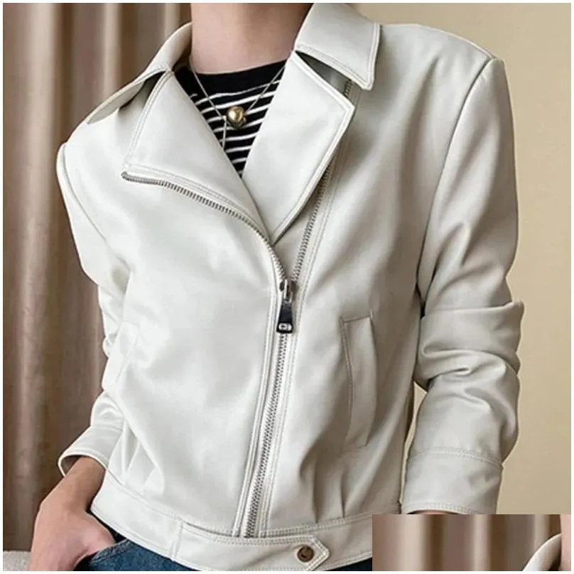 Women`s Leather Stand Collar Zipper Jackets Motorcycle PU Coats Women 2024 Autumn Street Long Sleeve Cropped Coat In Outerwears