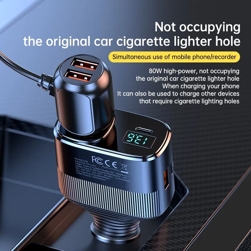 high quality c26 car  adapter 145w super fast charging 1 to 4 pd 45w flexible retractable fast car  usb type c cigarette lighter