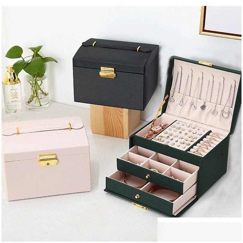 Jewelry Boxes 1Pcs Mti Functional Three Layer Leather Der Style Box Earrings Lock 230505 Drop Delivery Dhzro