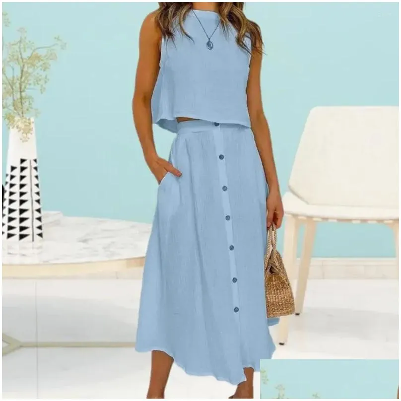 Work Dresses 2Pcs/Set Crew Neck Side Pockets Single Breasted Casual Outfit Solid Color Short Vest Midi Skirt Set Female Clothing