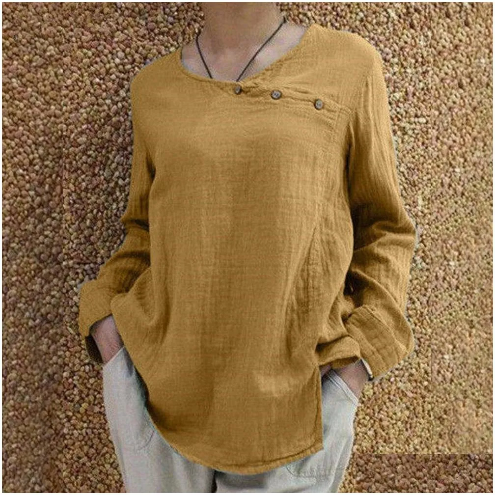 women`s Cott Linen Lg Sleeve Blouse Tops Ladies Casual Loose T-Shirt Tee Plus Size Solid Clothes Clothing 2024 For Female p0SB#