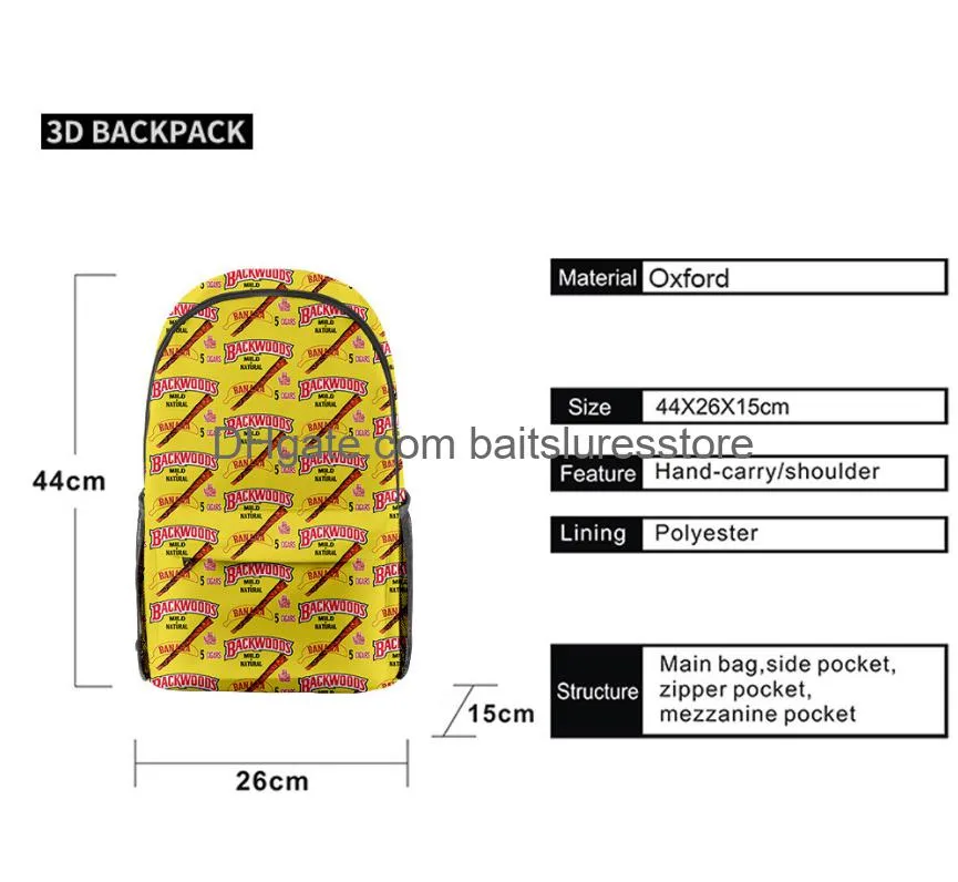 3pcs set 3d backwoods cigar backpacks raw teens yellow bags oxford outdoors backpack lady infantry packs red smell proof laptop