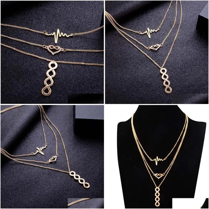 multi-layer necklace electrocardiogram collar lucky 8 tassel chain necklace