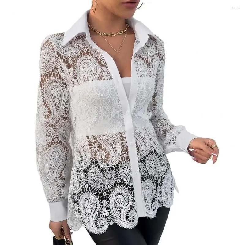 Women`s Blouses Loose Fit V-neck Top Elegant Lace Hollow Out Shirt With Single-breasted Turn-down Collar Long For Breathable Beach