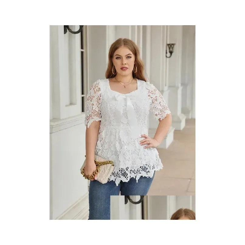 white Lace Blouse Shirt 2023 Summer Women Short Sleeve Lace Hollow Out Casual Ladies Tops Plus Size Women Clothing U51H#