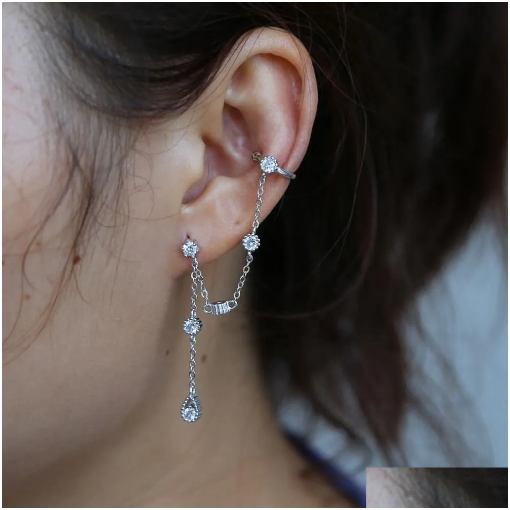 Whole-elegance tassel earring for women 925 sterling silver single cz stud circle ear cuff link chain gorgeous european women 251h