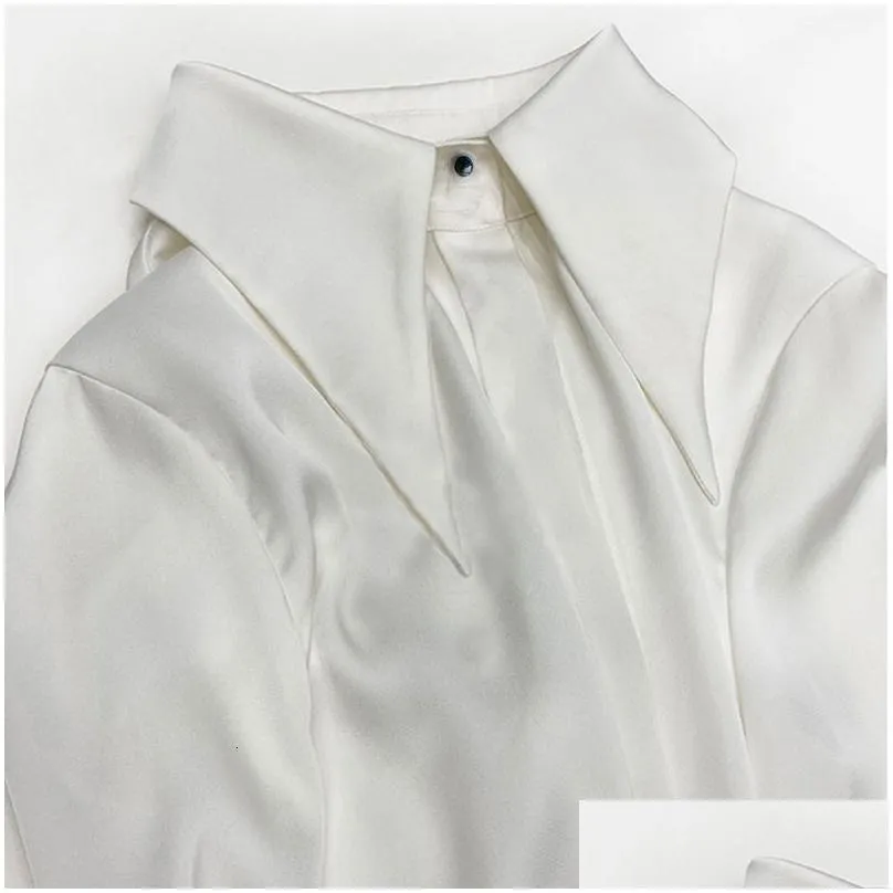 Women`S Blouses & Shirts Womens Autumn Vintage Satin Silk Women Shirt Elegant Turn Down Collar Woman Blouse White Long Sleeve Ladies Dhkwl