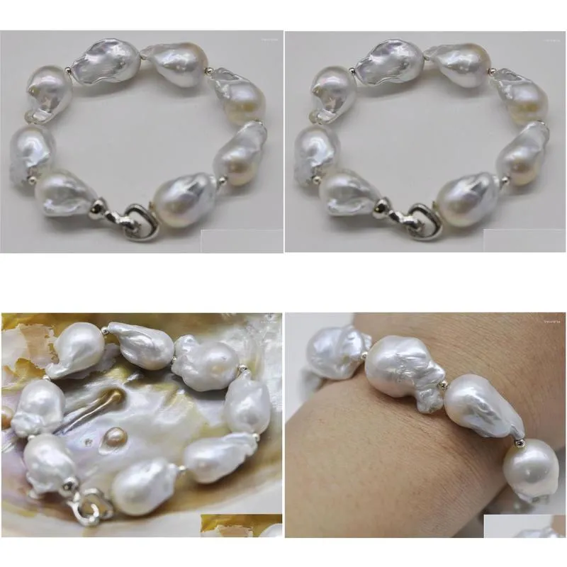 Strand HABITOO S925 Sterling Silver Natural White Baroque Big 15-25mm Pearl Bracelet Bangle Jewelry Bracelets For Women Gift