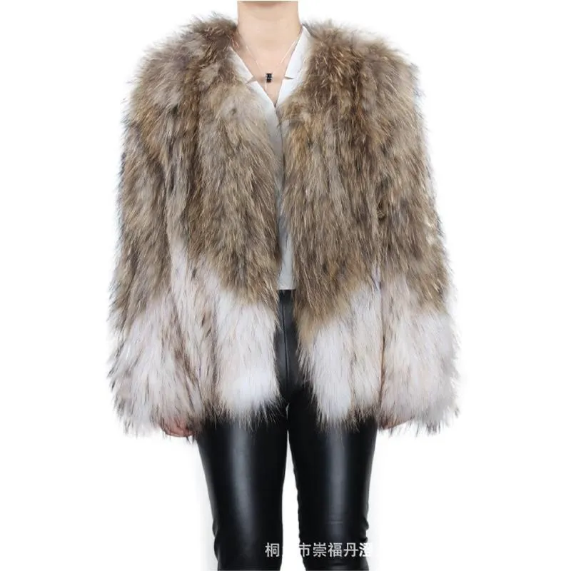 Women`s Vests Style Natural Raccoon Jacket Female Knitted Real Fur Coat W Hit Color Round Neck Warm Giacca Donna In Pelle Vera