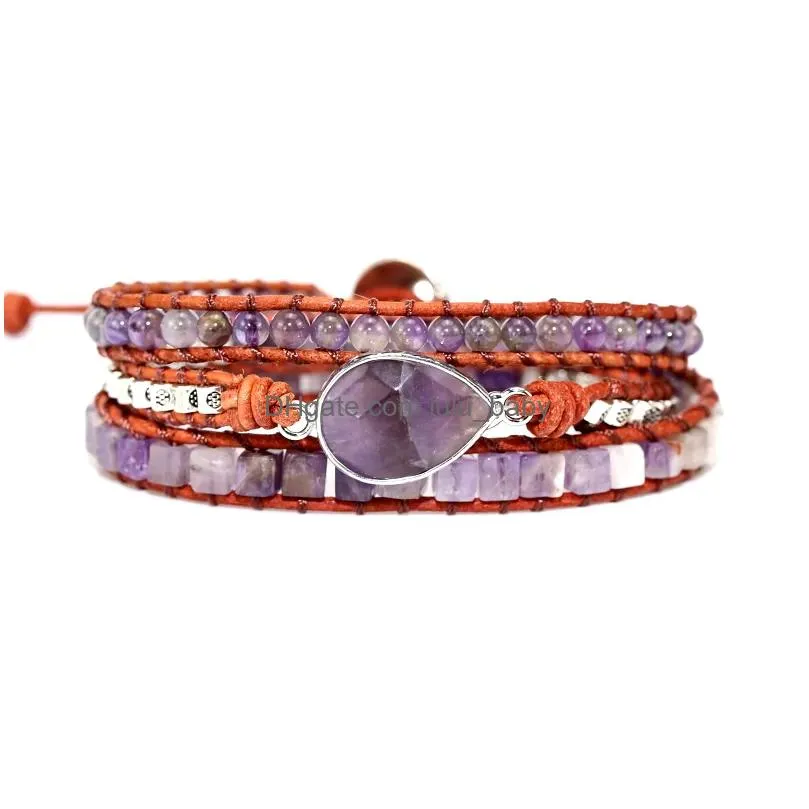 charm bracelets 2023 boho leather for women natural stone amethyst 3 strands wrap bracelet vintage weaving beads jewelery
