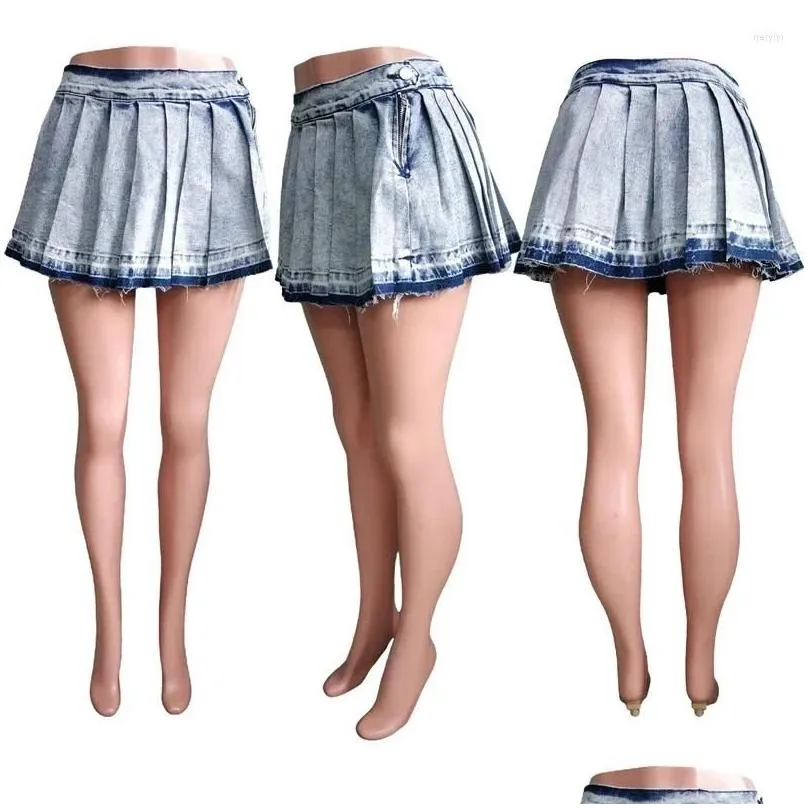 Skirts Summer Sexy Sweet Slim Pleated Denim Skirt Faldas With Fathion Side Zipper High Stretch Party Club Jean Mini Women 2024