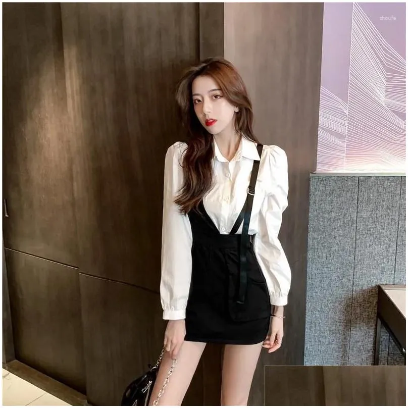 Work Dresses Women`s 2024 Spring Fashion White Shirt Black Suspender Skirt Suiwo Piece Sets Ladies Party