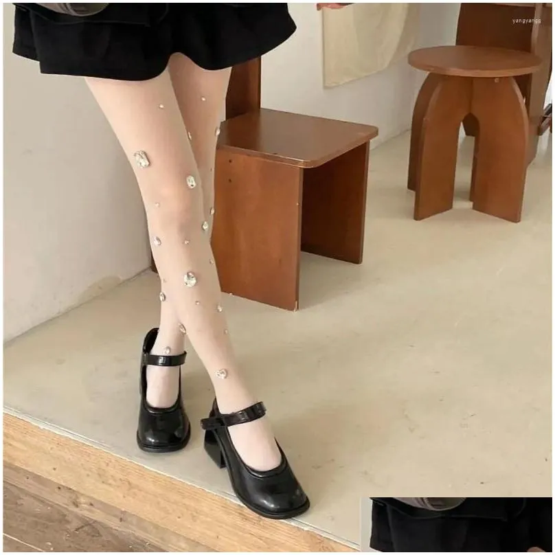 Women Socks Fashion Rhinestone Pantyhose Full Leg Black Silk Stockings Big Stretch Tights Sexy Crystal