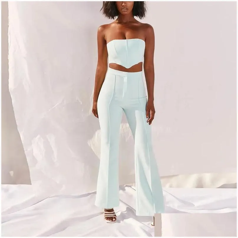 Women`S Tracksuits Womens Jillperi Strapless Corset Crop Top And Flare Pants Sets Solid High Waist Women Y Outfit Elegant Casual Legg Dhzar