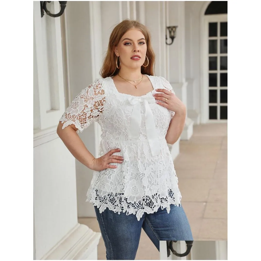 white Lace Blouse Shirt 2023 Summer Women Short Sleeve Lace Hollow Out Casual Ladies Tops Plus Size Women Clothing U51H#