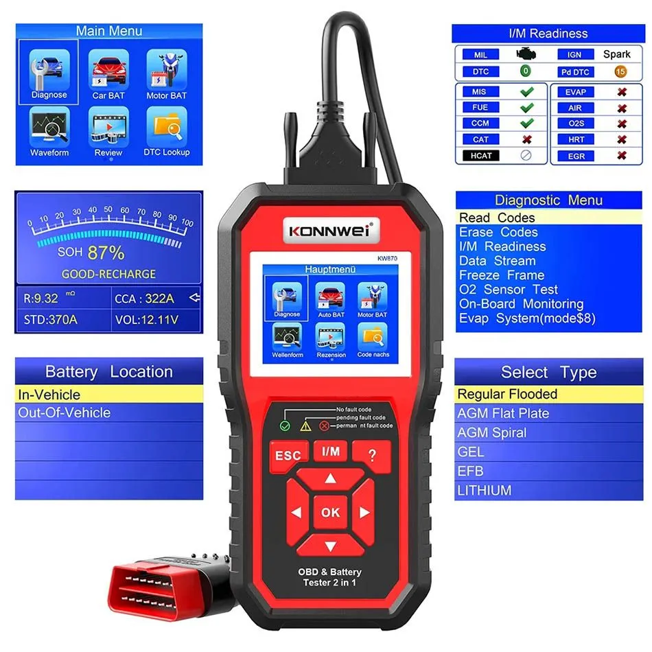 konnwei kw870 6v 12v car motorcycle battery tester obd2 diagnostics tool scanner 2 in1 cranking charging test tools for the car