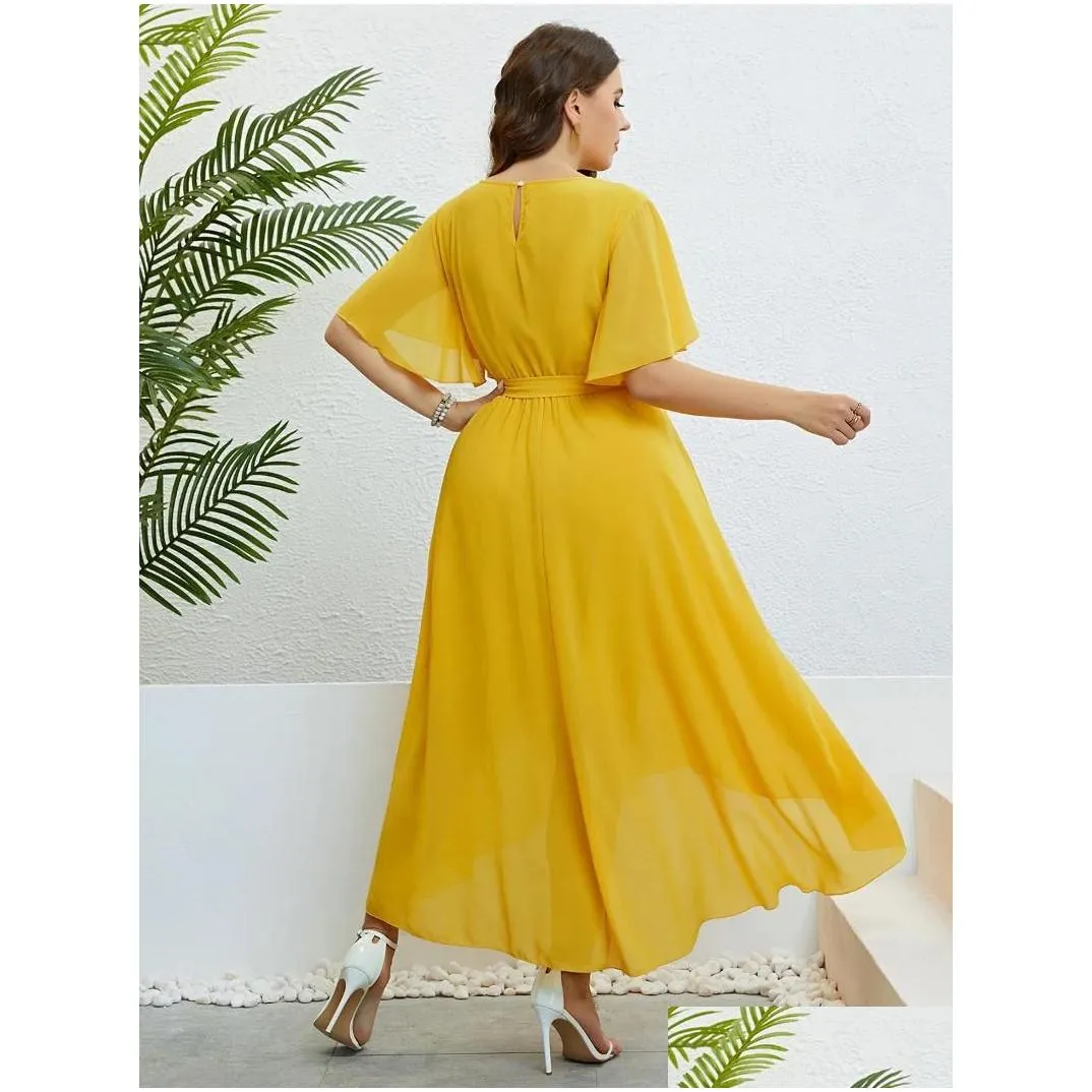 Plus Size Dresses Women Solid Color Cut Out V-Neck Dress A-Line Short Butterfly Sleeve Party Robe Casual Lady Vacation Large Belt Gown