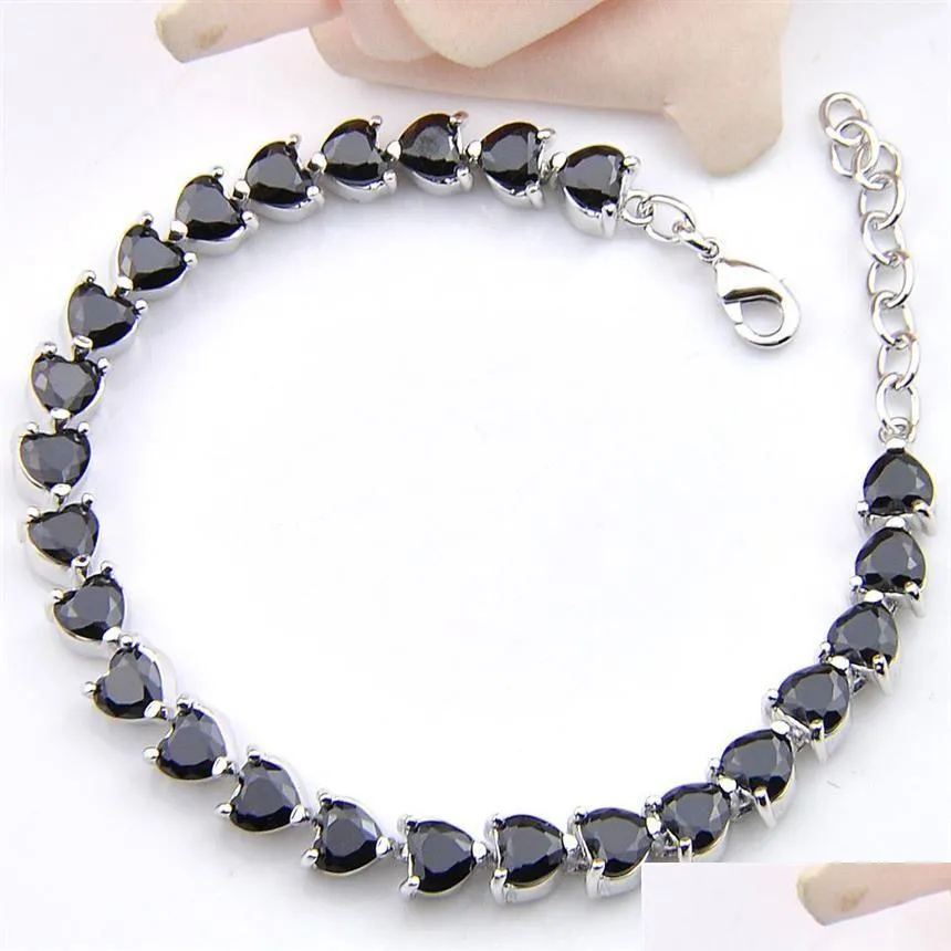 Luckyshine Halloween Gift Heart Black Onyx Gemstone Silver Tennis Bracelets Bangles 5 mm Zircon For Women Party Bracelets2449